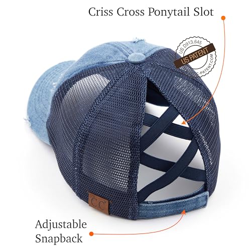 Image of C.C Exclusives Hatsandscarf Washed Distressed Cotton Denim Ponytail Hat Adjustable Baseball Cap (BT-13)