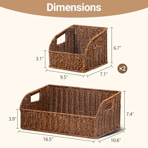 Image of Brownlily Wicker Pantry Storage Baskets with Chalkboard,Handwoven Baskets for Organizing with Built-in Handles, All-Purpose Storage Bins for Shelves, Laundry Room, Brown - Double Set Bundle (6-Piece)