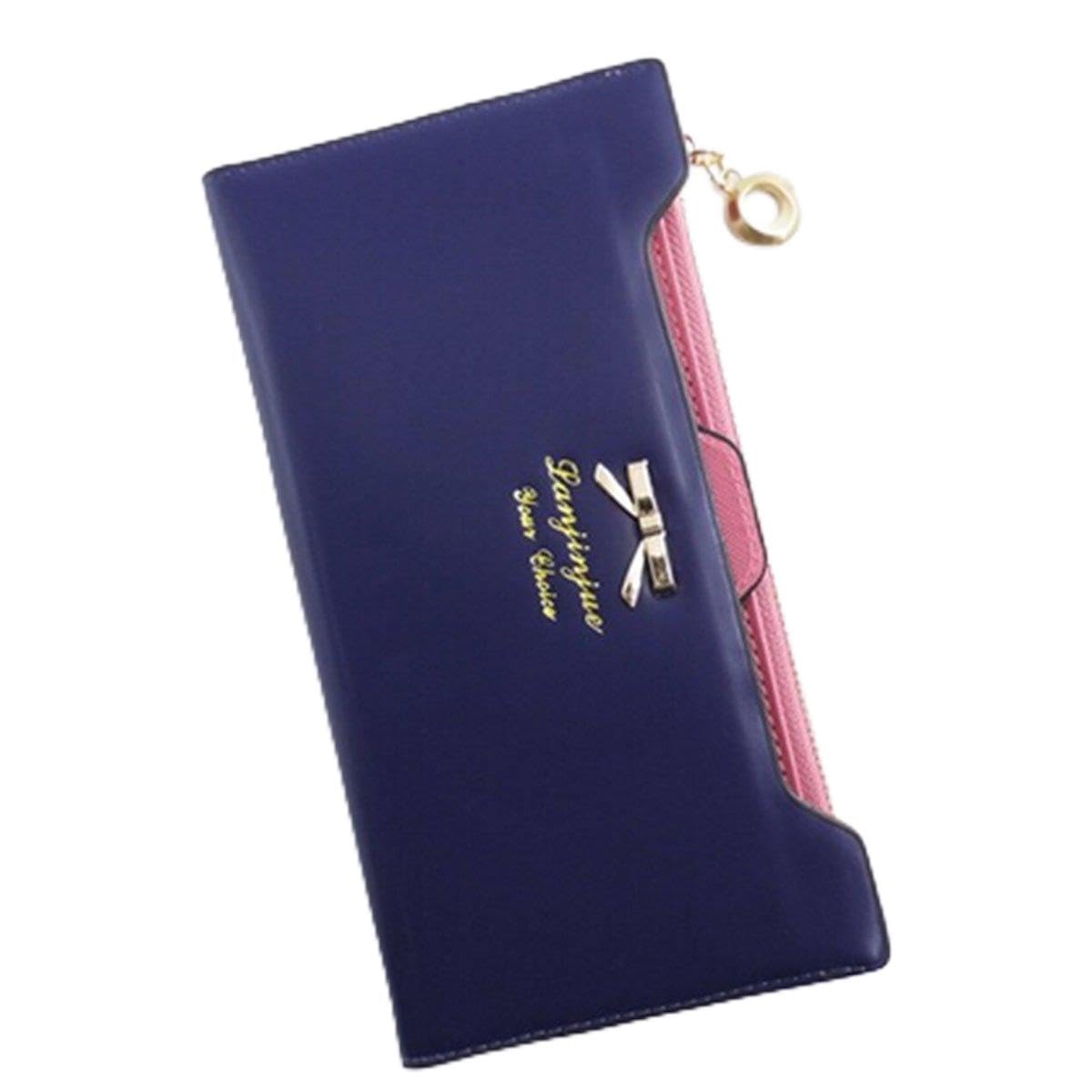 Dreamaccess Women wallet Golden Bow knot Long PU Leather Card Holders Clips Flower Hasp Buckle Open Wallets Clutch Long Purse Darj Blue