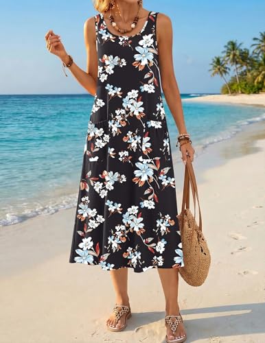 Image of Zeagoo Womens Summer Midi Dresses 2026 Casual Sleeveless Tank Sundresses A Line Crewneck Beach Vacation Dress with Pockets