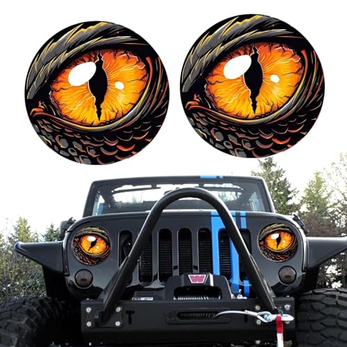 Image of 2 PCS Car Beast Eyes Decals, 3D Stereo Beast Eyes Stickers, Water-Proof Round Light Decal, Cool Beast Eyes Light Decoration Stickers, Suitable for Wrangler and Most Cars (Orange)