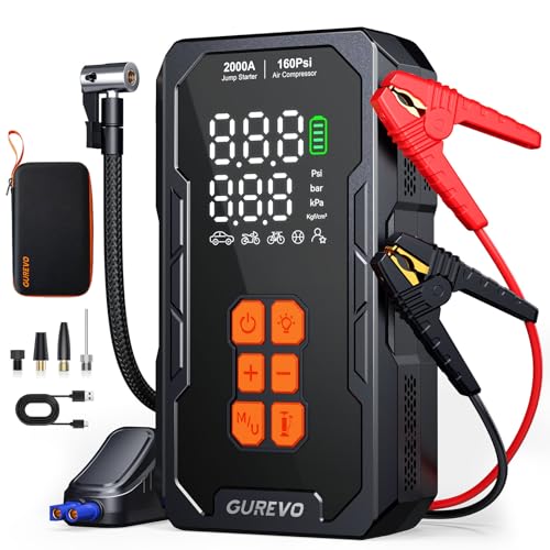 GUREVO 2000A Jump Starter with Air Compressor, Car Battery Jumper Starter Portable with 160PSI Auto Shut-Off Tire Inflator, Car Battery Charger Jump Box for 8.0L Gas/6.0L Diesel Engines