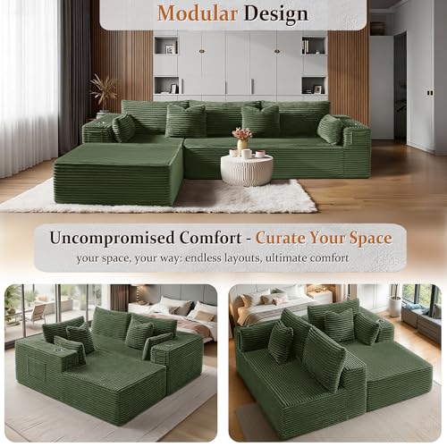 Image of 108 inch Cloud Sectional Couch, Comfort L Shaped Boneless Couch for Living Room, Extra Deep Seats No Assembly, Minimalist Modular Sofa, Corduroy (Olive Green, 2 Seater+Right Facing Chaise)