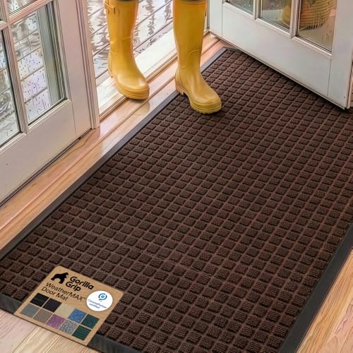 Image of GORILLA GRIP WeatherMAX Door Mat, Indoor Outdoor, 60x24, Dark Brown Squares