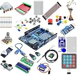Affichage, actionneurs et carte d'extension – Livré avec écran LCD I2C 16 x 2, servomoteur SG90, clavier 3 x 4, boutons tactiles avec capuchons, carte d'extension Proto Screw Shield V1.0 et fils de raccordement pour la construction de projets flexibles.