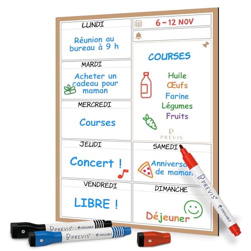 Previs Planning Frigo Magnetique Planificateur Hebdomadaire A4 (21x30CM) avec 3 Marqueurs Premium-Tableau Magnetique Frigo Aimanté - Semainier Magnetique Tableaux de...