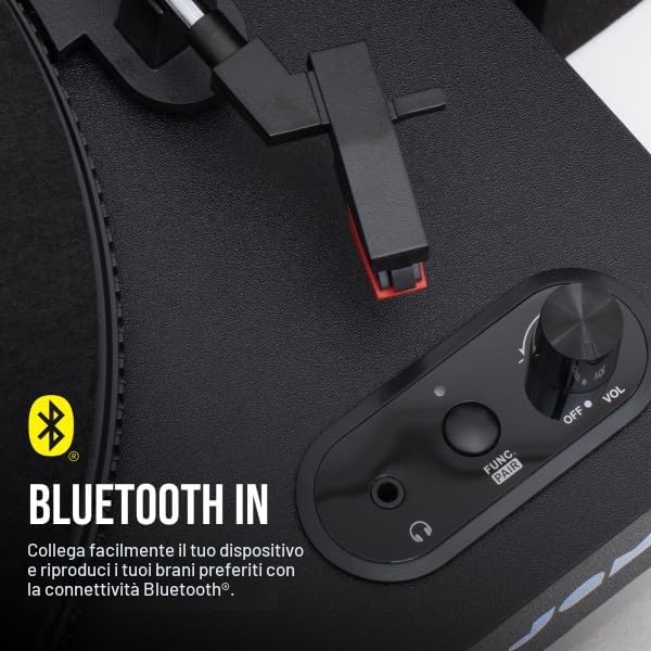 JAM Giradischi con Altoparlanti - Giradischi Bluetooth con Altoparlanti da Libreria, 3 Velocità con Coperchio Antipolvere, Braccio Pre-Calibrato, Pulitore di Vinile Incluso, Nero
