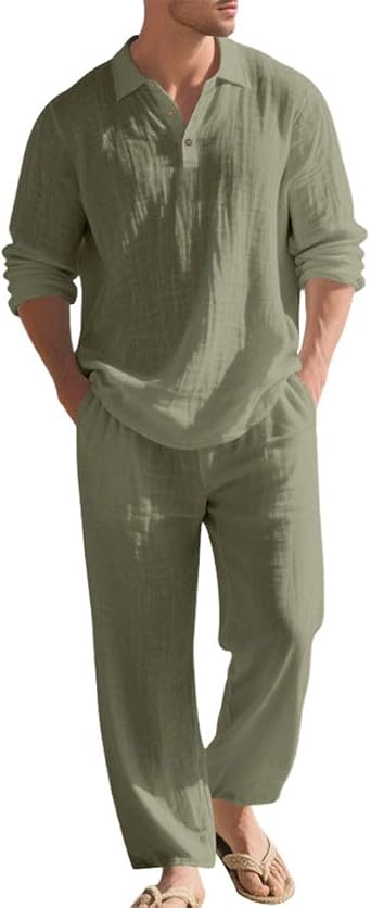 Men's Linen Suit Leisure Suit 2-Piece Outfit Long Sleeve Linen Shirt Business Shirt + Linen Trousers Set Men Summer Blouse Long Sleeve Shirt and Beach Trousers