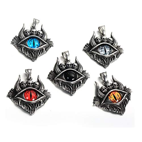 PAMTIER Men's Stainless Steel Vintage Evil Eye Demon Skull Head Oxhorn Pendant Necklace4