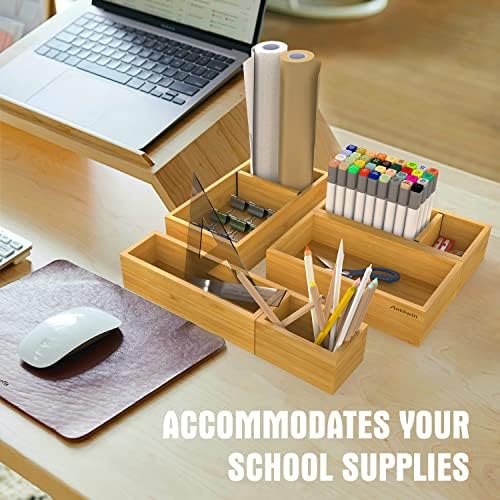 ANTOWIN Upgraded Bamboo Drawer Organizer, Desk Storage Box, Office Stationery Storage Boxes Divider for Makeup, Keys, Phone, Wallet, Coin, Jewellery