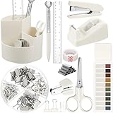 Marspark Beige Office Desk Accessories 12 Pcs Office Supplies Set 360Β° Rotating Pen Holder, Stapler, Tape Dispenser, Scissor, Sticky Notes, Binder Clips, Desk Organizers Gift for School