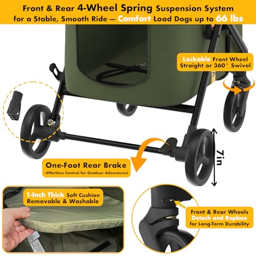 Image of PAWZIDEA Dog Stroller for Large Dogs Up to 80 lbs, No-Zip 180 Reversible Canopy, One-Hand Foldable Pet Stroller for 2 Medium Dogs, Heavy Duty & Low-Entry, All-Terrain Jogger Wheels, Storage Organizer