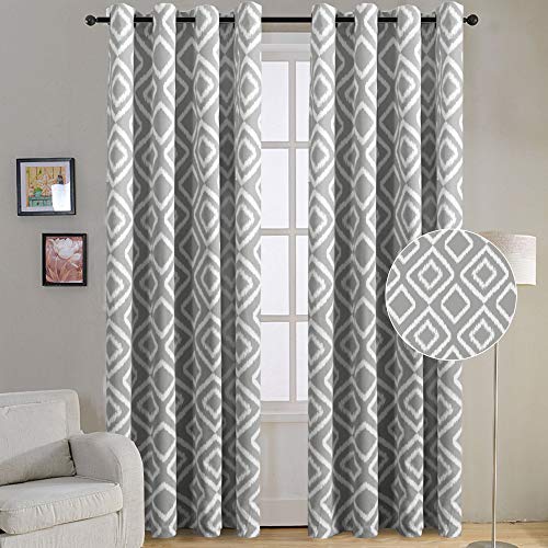 Blackout Curtains 96 Length for Living Room, Ikat Fret Pattern Gray Blackout Window Curtains, Thermal Insulated Grommet Top Window Treatment Draperies (2 Panel, 96