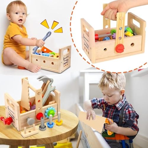 Image of Wooden Tool Kit for Kids | Pretend Play Construction Toy Set | STEM Educational Mechanic Set for Boys and Girls (Ages 3-8) (Tool Bench)