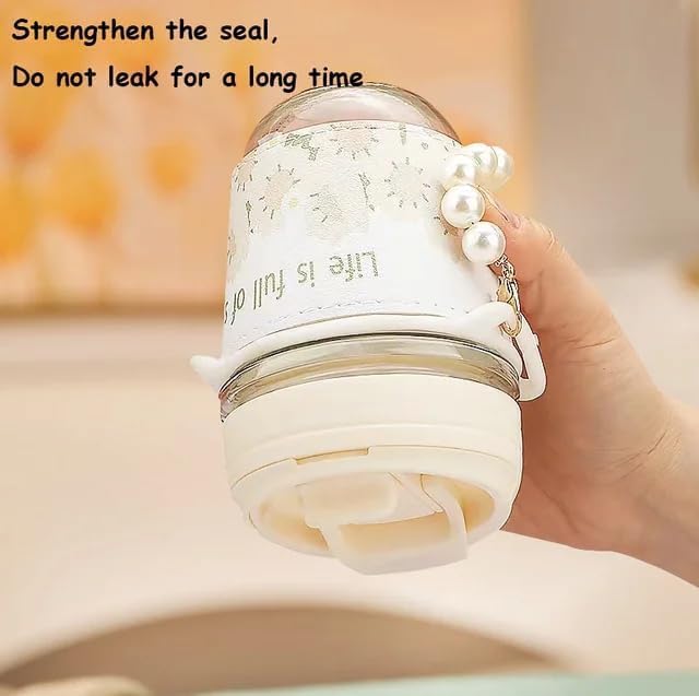 Image of HOHO Pearl Glass Mug with Straw | Cute Transparent Coffee & Milk Cup | Reusable Travel Sipper Tumbler for Juice,Smoothies,Bubble Tea & Iced Drinks | Leakproof Aesthetic Mug for Girls-Pack of 1