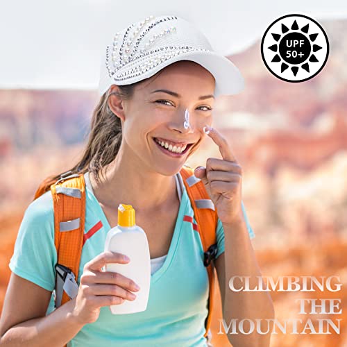 2 Pieces Studded Rhinestone Crystals Ponytail Hat Bling Mesh Baseball Caps Studded Rhinestone Black And White Adjustable Visors Sport Golf Sun Visor Open Top Beach Visor For Women Men Summer Outdoor #TOP3