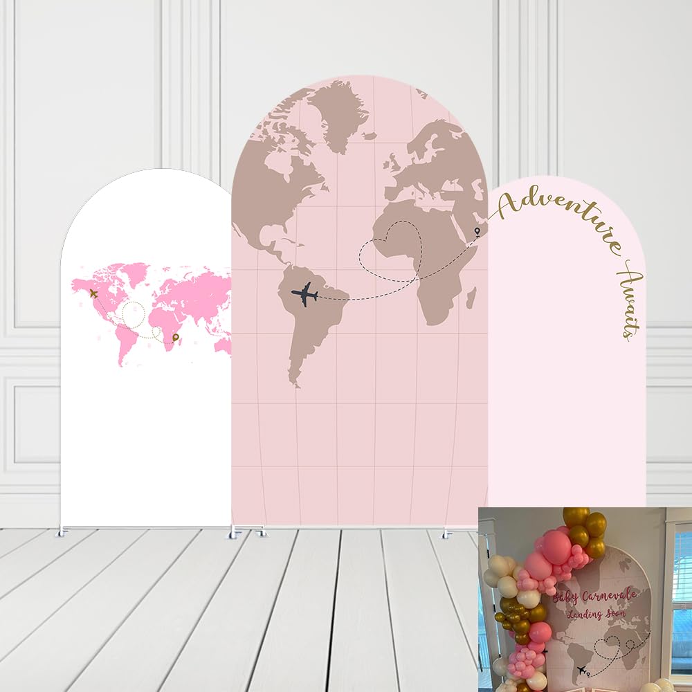 Arch Backdrop Spandex Covers for Adventure Awaits Begins Pink Birthday Party Decors Pilot Airplane Travel Map Kids Baby Shower Parties Decorations (