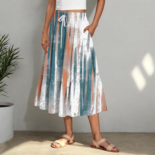 Women's Pleated Layered Midi Skirts Floral Printed Elastic Waist A Line Boho Long Skirt Resort Dress with Pocket3