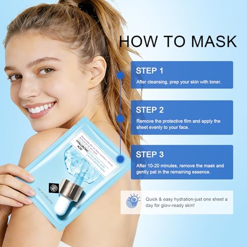 AOPEIBOTO Hyaluronic Acid Mask, Hydrating Face Mask (10 sheets) for Skin Deep Hydration, Dewy Glow and Firm Looking Skin