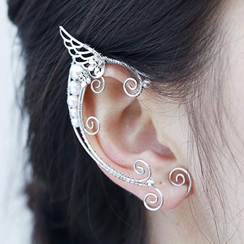 Elf Ears Cuffs On Ear Clips Handmade Earrings No Piercing White Pearls Angel Wings Ear Wrap For Women Girls Cosplay #TOP3