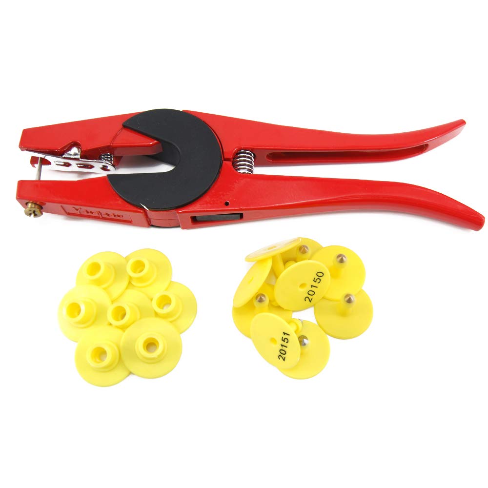 100 etichette numerate in plastica per orecchie di coniglio, piccoli animali in TPU (rosso) e 1 applicatore per etichette auricolari