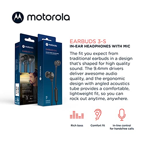 Motorola Earbuds 3-S Wired Earbuds With Microphone - Corded In-Ear Headphones, Comfortable Lightweight Silicone Ear Buds, Non-Tangle Flat Cable, 9.4Mm Drivers Clear Bass Sound - Black #TOP1
