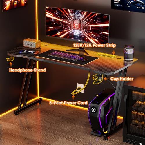 Image of Czlolo 47 Inch Gaming Desk with Power Outlets, L-Shape Leg Computer Desk, Gamer Desk for Small Space, Wtih Cup Holder, Headphone Stand, USB＆ Tpye-C Ports, Carbon Fiber Surface, Black