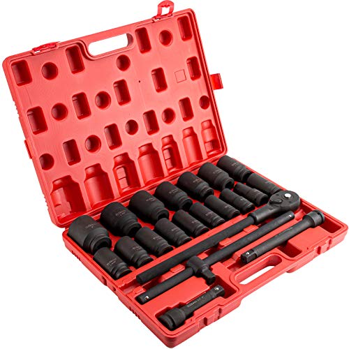 Tuzkozs 3/4 Inch Impact Socket Set, Sae,3/4"Drive Deep 6-Point,Cr-Mo Alloy Steel,21-Piece (3/4-2 In) Ratchet Handle (24 Tooth)Sliding T-Head Breaker Bar,Drive Extensions,Heavy Duty Storage Case #TOP6