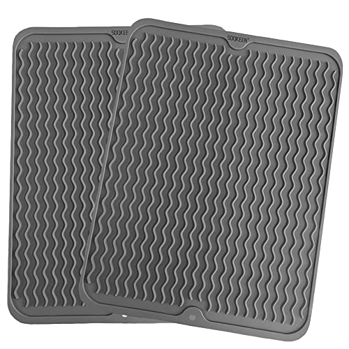 SOQKEEN 2 Stück Abtropfmatte Geschirr, 40 × 30 cm Abtropfmatte aus Silikon, Küche Abtropfmatte Silikon Hitzebeständig, zusammenklappbare rutschfeste Spülbeckenmatte, graue Abtropfschale für Spüle Cover