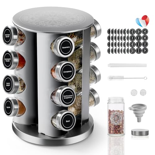 SXTIHD Carrousel à Épices en Acier Inoxydable avec Verres à Épices Ronds 16 * 100ml, Porte Épices Cuisine Rotatif, Étiquette en Français