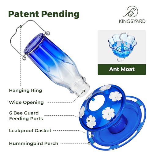 Kingsyard-Glass-Hummingbird-Feeder-6-Feeding-Ports-Hanging-Bird-Nectar-Feeder-16-Ounces-Rustproof-Leakproof-Garden-Backyard-Decor-Ant-Moat-Included-Blue Kingsyard Glass Hummingbird Feeder 6 Feeding Ports Hanging Bird Nectar Feeder 16 Ounces Rustproof Leakproof Garden Backyard Decor Ant Moat Included Blue