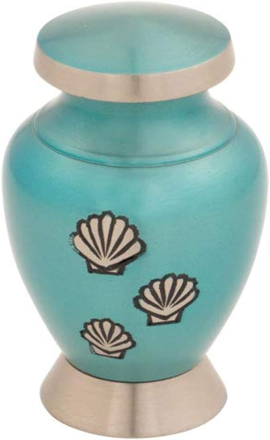 Shells of The Sea Keepsake Cremation Urn for Ashes, Brass, Blue Urn, Keepsake Sized Cremation Urn, 3 Inches High