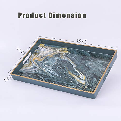 Zosenley Decorative Tray, Rectangular Plastic Tray with Handles, Marbling Vanity Tray and Serving Tray for Ottoman, Coffee Table, Kitchen and Bathroom, 15.6”L x 10.2”W x 1.5”H, Golden Dark Gray