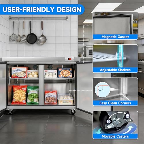 Image of 60 Inch Wide 2-Door Undercounter Freezer, 18 Cubic Ft Commercial Worktop Freezer for Cafe, Bar & Food Service, -8 to -1F Digital Control, ETL, DOE & NSF Certified
