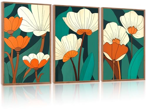 CHDITB Modern Floral Framed Canvas Wall Art Set, Nature Flowers Wall Decor, Abstract Orange Flower Artwork, Wildflowers Picture, Vintage Green Art Prints for Living Room, Bedroom, Office 16"x24"x3