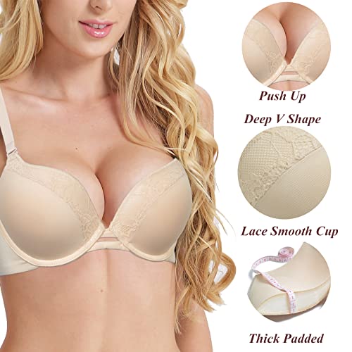 Push Up Thick Padded Plunge Underwire T Shirt Lace Bra Lift Support for Women Add One Cup2