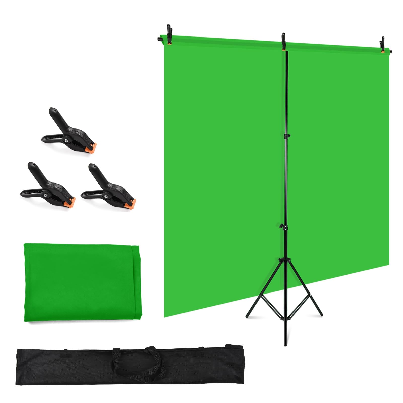 HUIOP 1,5 x 2 m. Kit de photographie de fond avec écran de fond vert avec support de fond réglable en forme de T, 5 pinces de fond
