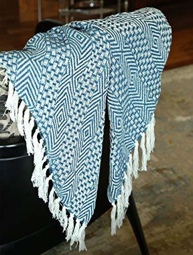 Primitive Rustic Throw Blanket With Decorative Tassel - 100% Cotton Throws Geometric Woven Soft Patio Comfy Blankets - Teal Blue - 50 X 60 Inches #TOP3