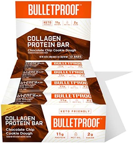 Bulletproof Chocolate Chip Cookie Dough Collagen Protein Bars, Pack of 12, Keto-Friendly Snack with MCT Oil