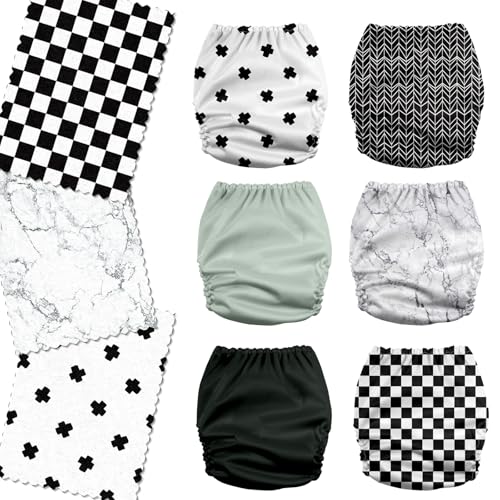 Mama Koala 3.0 Pocket Cloth Diapers for Babies with AWJ Lining, 6 Pack with 6 4-Layer Natural Cloth Diaper Inserts - Reusable and Washable Pocket Diapers (Black and White)