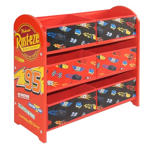 Disney Cars Flash McQueen Meuble de rangement pour jouets, 6 boîtes de rangement pour chambre à coucher – Fabriqué en bois/tissu/métal – Assemblage et...