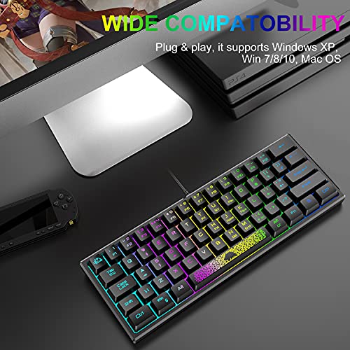 Przenośna Klawiatura do Gier 60% RGB Chroma Podświetlany USB Przewodowy Membranowa Klawiatura Gamingowa Mechaniczne Uczucie Mini Compact 62 Klawisze UK Layout for PC Laptop Mac Office i Gry-Czarna