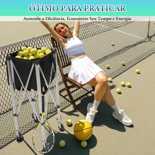 Carrinho de Bola de Tênis Dobrável, Cesta de Bolas de Tenis, Funil de Bola de Tênis Portátil, Carrin