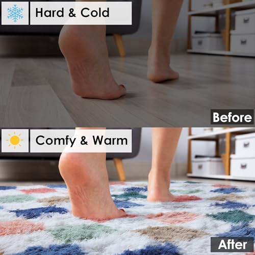 Image of KICMOR 6x9 Area Rugs for Living Room, Large Fluffy Soft Colorful Checkered Fuzzy Shag Shaggy Bedroom Carpet, Cute Indoor Plush Rainbow Rug for Teen Kids Boys Girls Dorm Nursery Home Decor Aesthetic