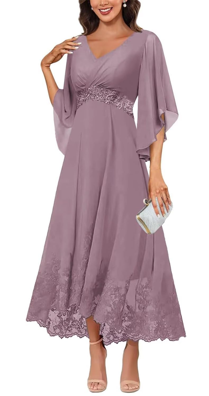 Kiyne Women's Wisteria Mother Of The Bride Dresses For With Sleeves Lace Applique V Neck Chiffon Formal Wedding Guest Dress Uk22