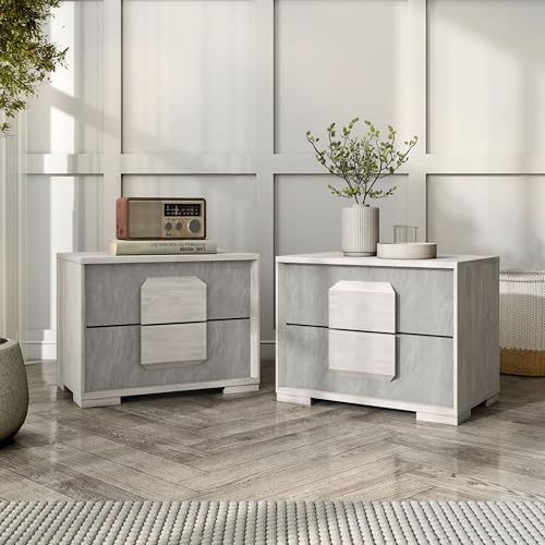 Furniture of America Dresen Modern Melamine Top 23-inch Nightstand Set of 2, Wood Bedside Table with Storage and Center Metal Glide, No Assembly for Bedroom, Living Room, White Wash