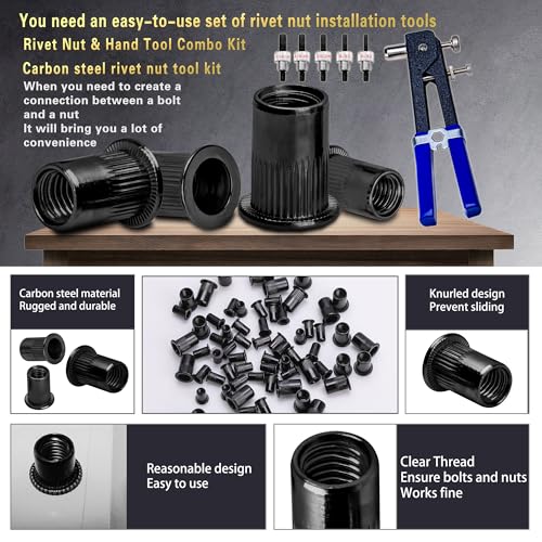 Image of SAE Rivet Nut Tool 420pcs Imperial Carbon Steel Rivet Nut Tool Kit, (5 /16-18、1 /4-20、10-24、8-32、6-32), Suitable for Furnitur, Automotive, Marine and Industrial Applications (SAE Carbon Steel Black)