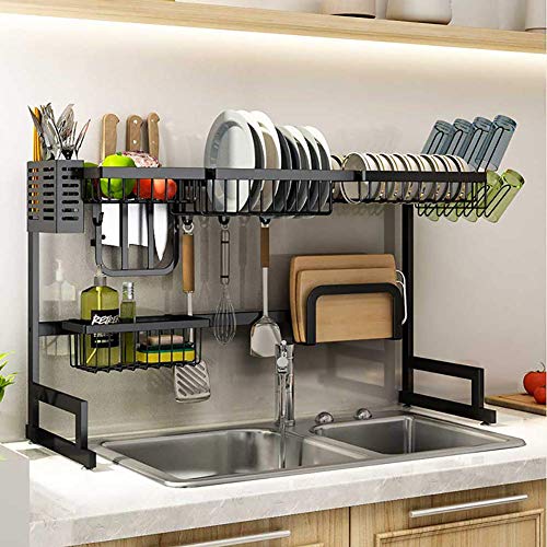 Geschirrtrockner mit Getränkehalter, über Spüle Geschirrkorb Organizer Edelstahl, Theke Geschirrablage Regal Küche Schwarz 79cm (31inch)