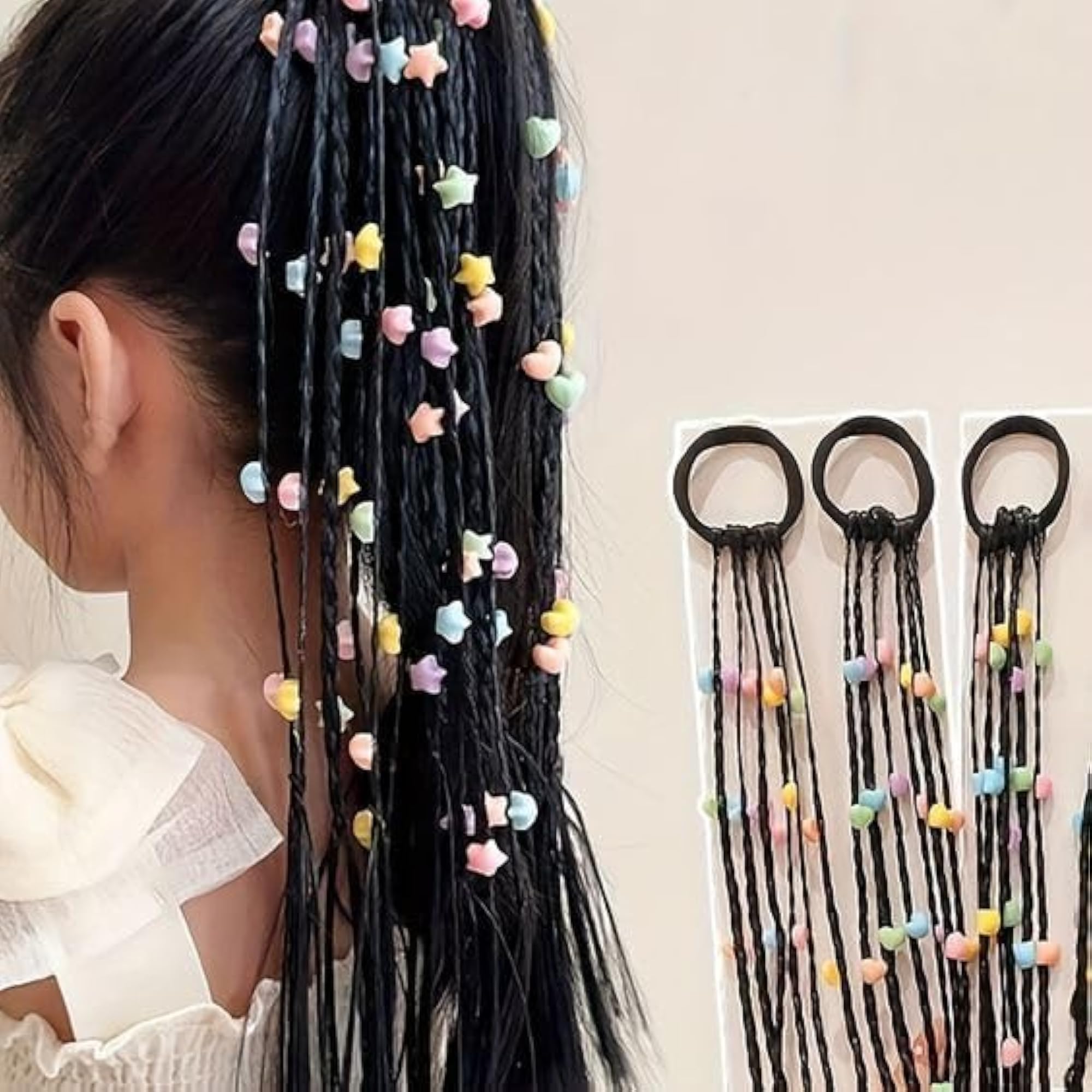 Girls Rainbow Braided Ponytail - 3 pc Multi Color Rubber Bands