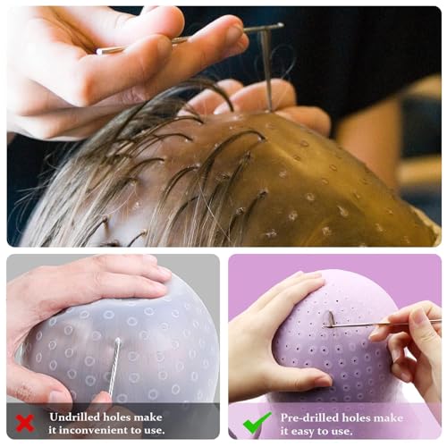 Silikon Highlight Kappe, Strähnchenhaube Haare Färben Hervorhebung Silikon Strähnchenhaube Set Stränchen Haube mit Pinseln und Nadel für Frauen und Mädchen Bläst (Durchsichtiges Pink)